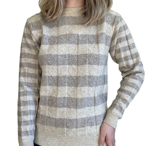 Vintage 80s Womens Brown Cream Striped 100% Lambswool Soft Crewneck Sweater Sz M - Picture 5 of 7